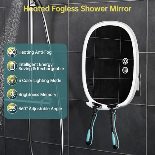 Image of Heated Shower Mirror Fogless for Shaving, 5000mAh Rechargeable Lighted Shaving Mirror 3 Color Dimming Lights Anti-Fog Shower Mirror with Light 360Rotation Fog Free Shower Shaving Mirror for Men
