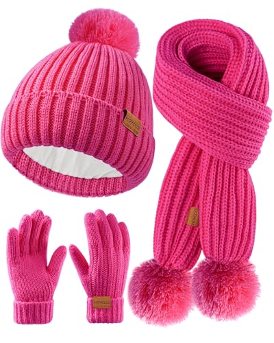 Image of Kids Winter Hat Scarf Gloves Set - Girls Boys Fleece Lined Beanie Hat with Pom Knit Scarf Warm Mittens for Children