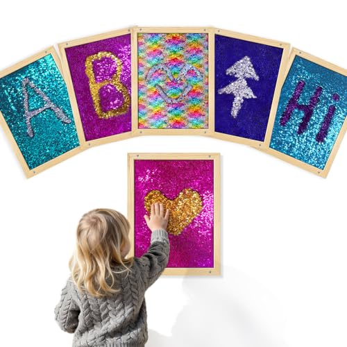LILXIU 6 PCS Sensory Wall Panel with Wood Frame Flip Sequin Wall Colorful Touch Learning Board with Felt Backing Reversible Sequin Sensory Board for Classroom Early Learning