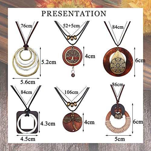 SAILIMUE 6Pcs Long Pendant Necklaces for Women Boho Vintage Wood Fall Sweater Necklaces Set Statement Feather Dragonfly Peace Sign Y Necklace Hippie Handmade Fashion Jewelry Accessories2