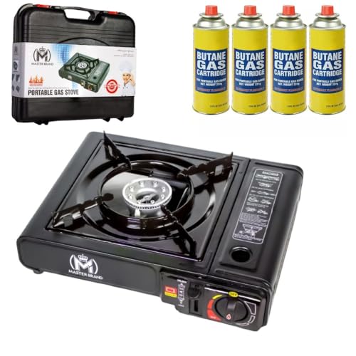 MASTER BRAND Portable Gas Cooker Stove with 4 Butane Canisters and Carry Case Lightweight Compact Outdoor Camping Stove Premium Burner Automatic Ignition (pack of 4)