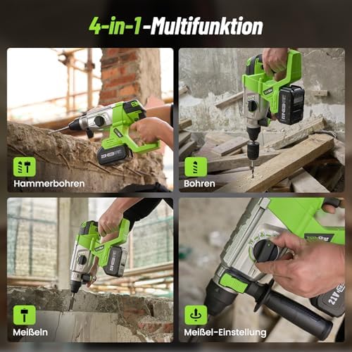 Bild 2 - Akku Bohrhammer 21V, 2,3J Brushless Schlagbohrmaschine, 2x4,0 Ah Akkus und Ladegerätfür, 4 SDS-Plus-Bohrern, 4 Funktionen – Tragbares Multifunktions-Bohrhammer-Kit für Beton/Stahl/Holz