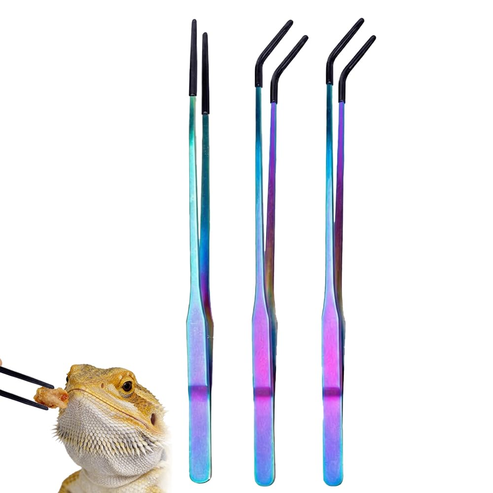 Jdbefuy 3 Pcs Reptile Feeding Tongs with Rubber Tips, Stainless Steel Feeder Tweezers, Straight and Curved Pliers Tool for Bearded Dragons, Lizards, Snakes and Tarantulas, Terrarium Accessories Set