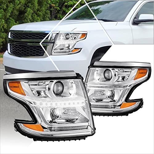 LED DRL Projector Headlight Assembly Set Compatible with Chevy Suburban/Tahoe 15-20,Chrome Housing/Amber Corner