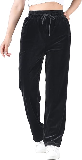 Zoulee Womens Velour Sweatpants High Waist Straight Pants Drawstring Active Pants with Pockets