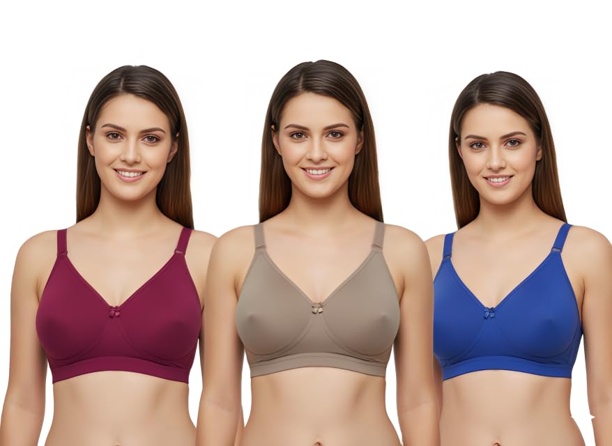 Xcare Women's Cotton Blend Solid Non-Padded Non Wired Full Cup Comfortable Soft & Adjustable Strap Bra (Pack of 3)
