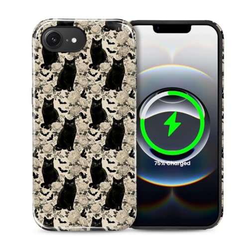 NONMY for iPhone 16E/17E Case,Hybrid 2 Layer Hard Shell Silicone Protective Case - Halloween Black Cat Bat - Scratch Resistant Shockproof Cover