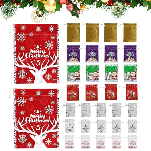 Drawstring Christmas Bags - Christmas Treat Package Pouch, 33 Piece Festive Reusable Colorful | Christmass Treat Package Pouch For Cookie Snack Chocolate Party Favors Toys Jewelry Kids Adults