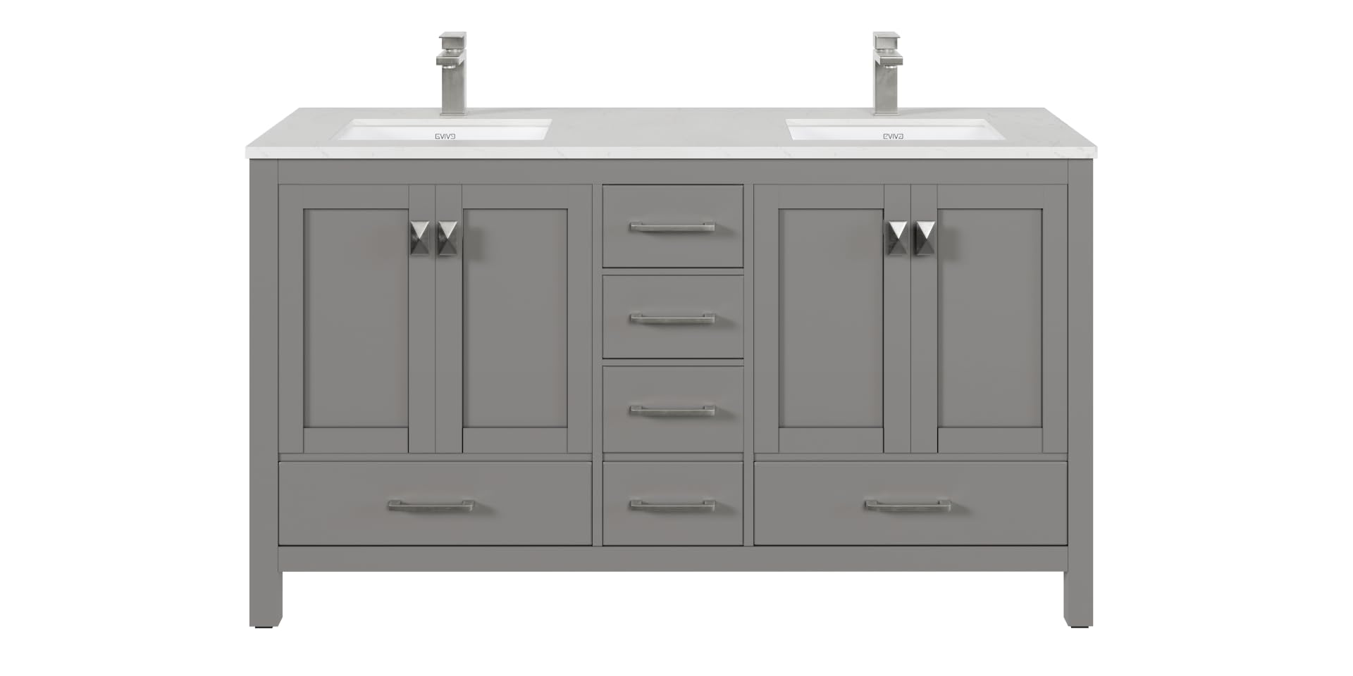 Eviva London 60 Inch Double Vanity Sink - Gray Double Vanity Sinks for Bathrooms, Bathroom Vanity 60 Inch Double Sink W Carrara Quartz Top & Porcelain Sinks, Bathroom Vanities W/Soft-Closing Drawers