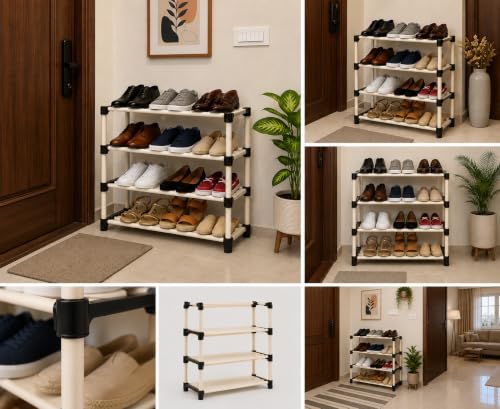 Image of GOLABROS 4 Tier Shoe Rack | Durable Plastic & Metal Shoe Stand | Multipurpose Footwear Storage Organizer | Space Saving Rack for Home, Bedroom & Entryway | Black