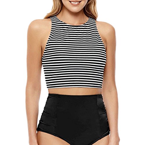 Mansy Women's 2PCS Tripe Padded Push Up High Waisted Bikini, Black 2, Size Large