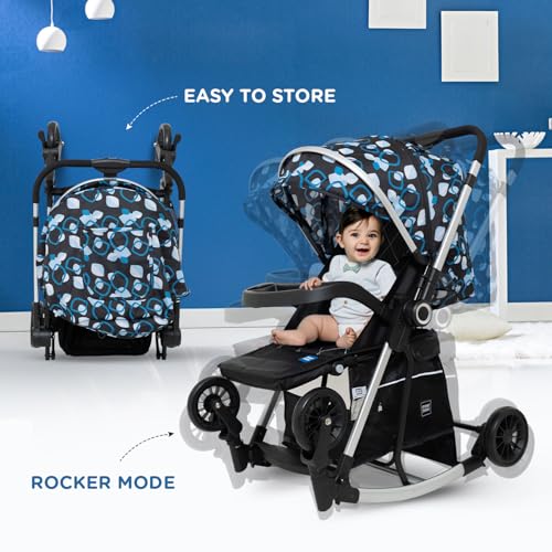 Image of Mee Mee Dream Rocker Baby Stroller /Pram (0-3 Years) | Rocking Feature with 5-Point Safety Harness | 3 Recline Seat Positions, 360 Swivel Wheels, Reversible Handlebar & Spacious Storage Basket