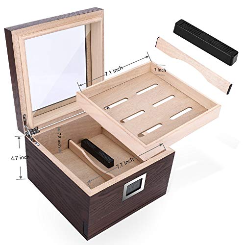 Handmade Cedar Cigar Humidor, Natural Wood Texture Glass Top Cigar Humidor Case for 30-50 Cigars, Digital Hygrometer Humidifier and Accessory Drawer, Desktop Humidors(30-50 Cigars)