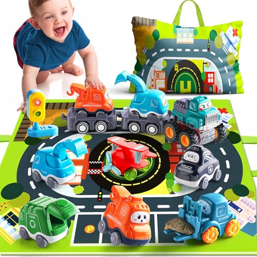 Image of Big Cartoon Truck Car Toys for 1 Year Old Boy with Playmat/Storage Bag|Baby and Toddler Toys 12-18 Months & Age 1-2 with Trailor|1st Birthday Gift for 1 2 Year Old Boy