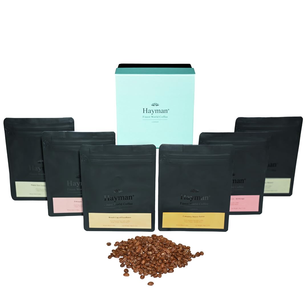 Hayman, Caja de Degustación de Cafés Especiales, Paquete de 6 Selecciones de Cafés Gourmet, Muestra de Variedad Premium, Surtido Regalo, En Grano, Tostado Medio, 6 bolsas con 60 Gramos (360g Total)