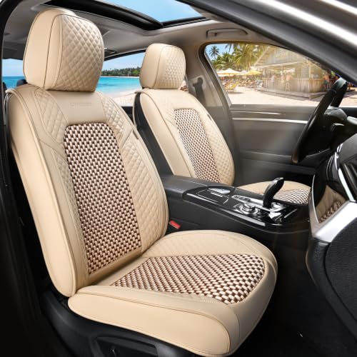 Image of Coverado Seat Covers Full Set, 5 Seats Universal Seat Covers for Cars, Beige Car Seat Covers Front Seats Back Seat Cover, Breathable Car Seat Cushion, Leather Seat Cover Seat Protector Fit Most Cars