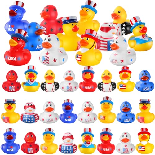 SCIONE Patriotic Rubber Ducks - 24 Pcs Independence Day Novelty Funny Squeeze Baby Shower Bathtub Ducks for Fourth of July Party Supplies