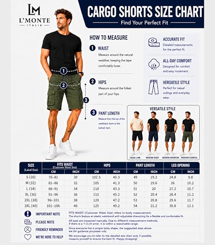 Image of L'MONTE Men's Imported Cotton Casual Relaxed Fit Outwear Cargo Shorts with Expandable Elastic Waist and Multi Pockets