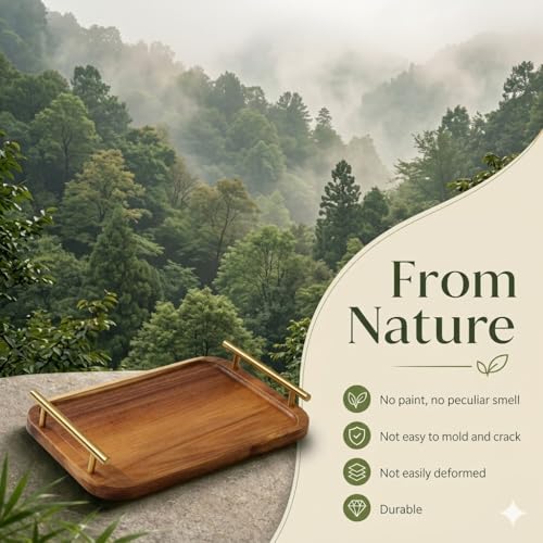 Bathroom Tray for Countertop Organizer,Vanity Tray with Gold Handle, Acacia Wood Tray for Bathroom Decor,Toilet Tank Tray, Multipurpose Organizer Rack for Lavatory, Bathroom, and Kitchen 11.8"x7.8" — view 6