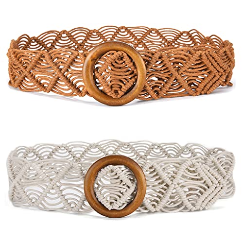ACMEDE 2 pezzi di Cintura in Vita Intrecciata da Donna in Corda Intrecciata, Stile Boemia Cintura Largo per Abito Vestito Estivo Cintura Decorativa Intrecciata con Fibbia in Legno, Cachi+Bianco