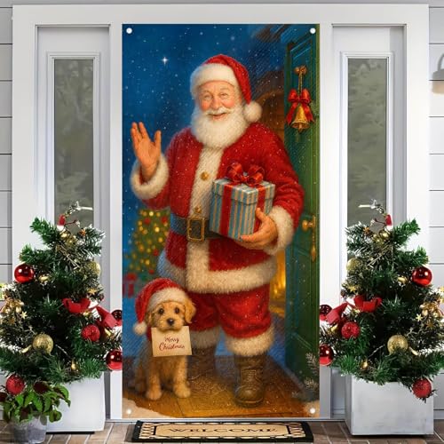 Image of BlissYard Door Cover Christmas Santa Puppy 35x71 Inch Polyester