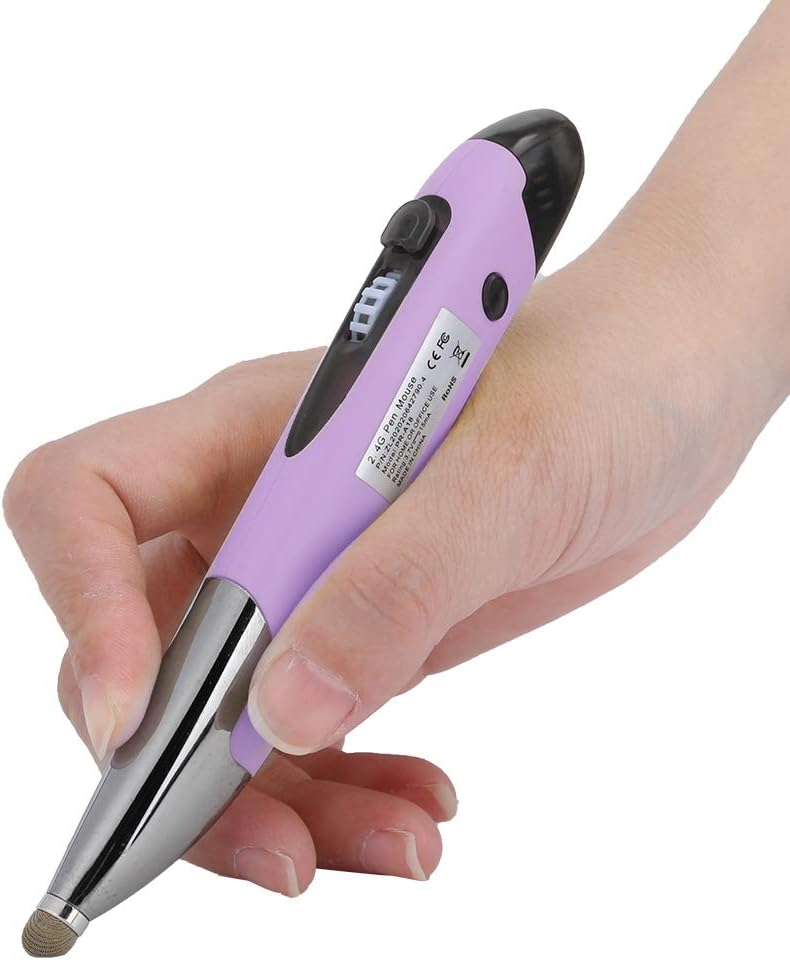 A hand holding the VBESTLIFE 2.4G Wireless Mouse Pen, with a clear view of its capacitive stylus tip, ready for use on a screen.
