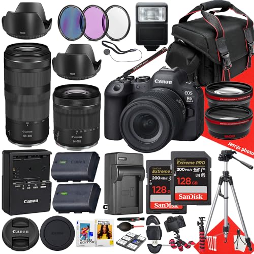 Canon EOS R6 Mark II Mirrorless Camera with 24-105mm f/4-7.1 is STM and RF 100-400mm f/5.6-8 is USM Lens + 2PC 128 GB Memory + Hood + Extra Battery + Filters + Tripod + More (32pc Bundle) (Renewed)