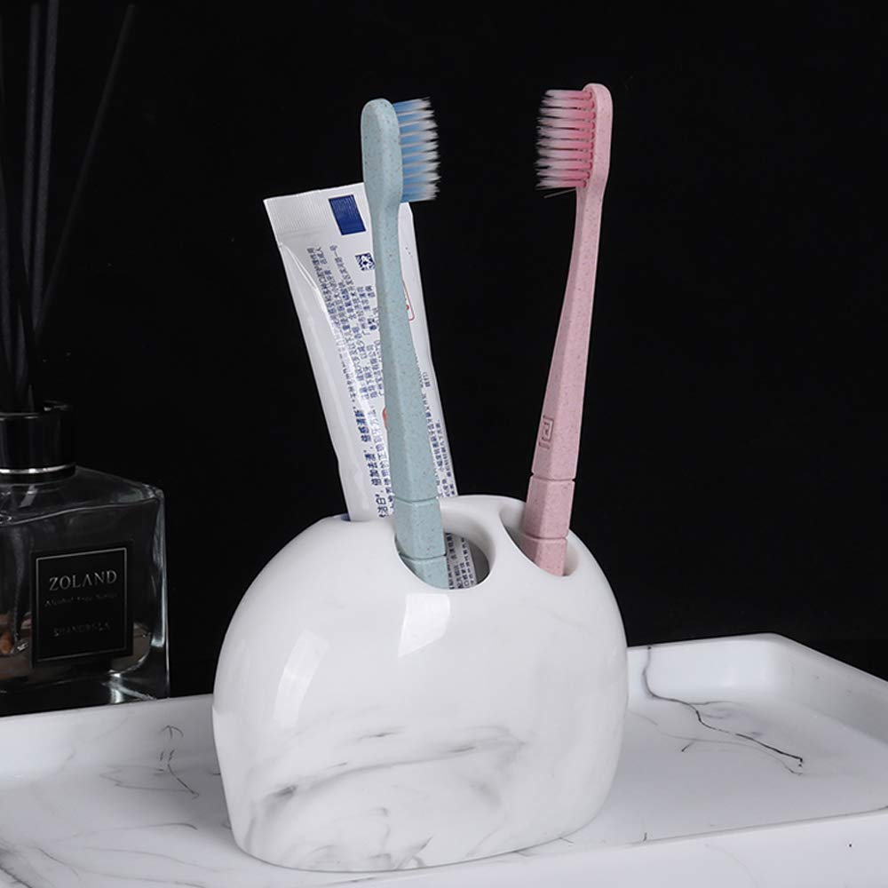 Nórdico Estilo Juego de Accesorios de Baño de Resina Conjunto de Baño con Porta Cepillo de Dientes, 2 Tazas, Dispensador de Jabón Líquido, Jabonera, Tinta Blanca,Marble Tray