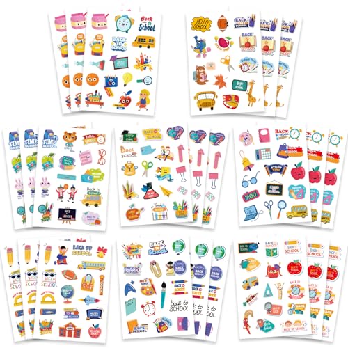 Back to School Stickers 384 PCS First Day of School Stickers for Kids Self-Adhesive Cartoon School Themed Sticker Decals Reward Sticker for Back to School Decorations Gifts Activity Party Favors