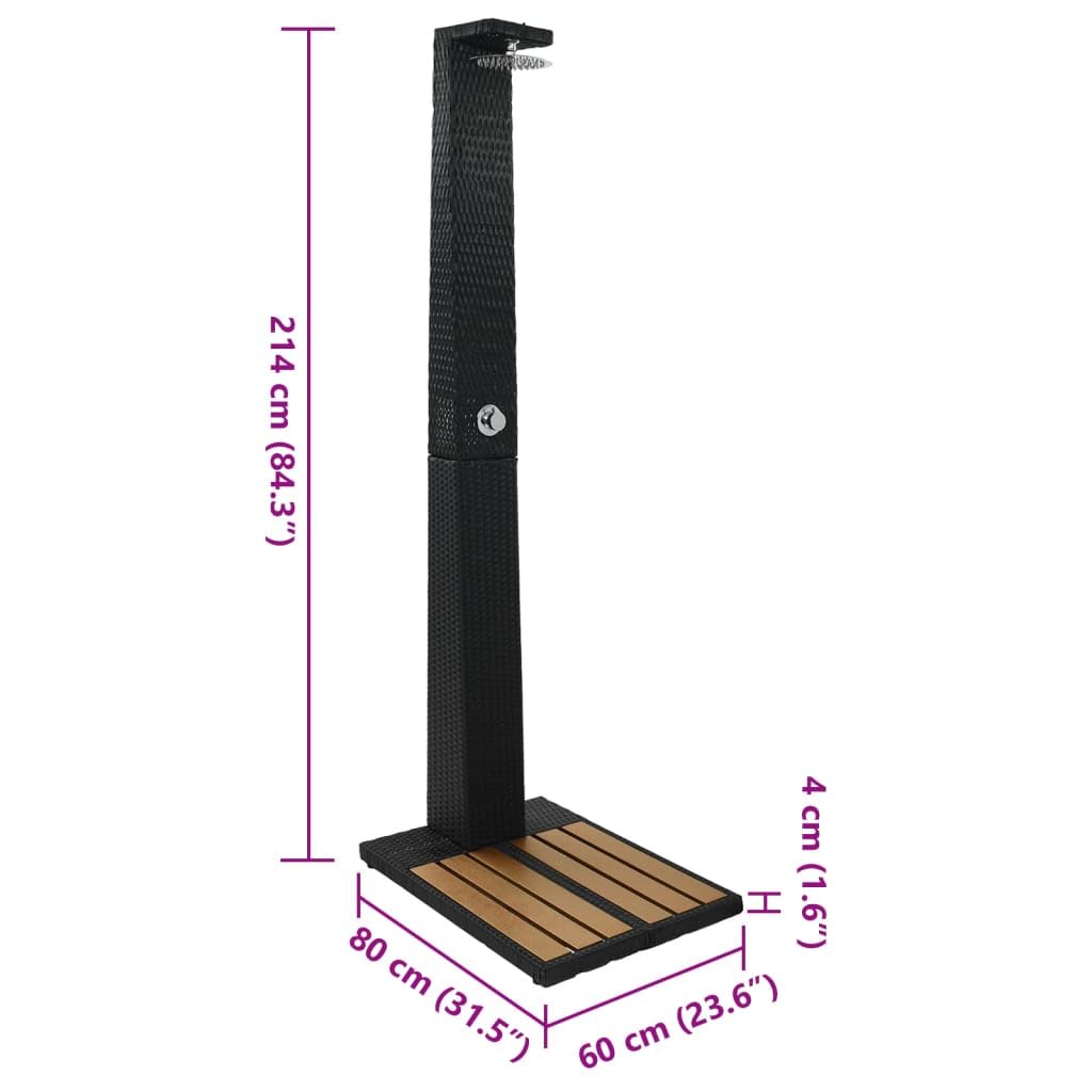 Ducha de jardín, ducha independiente para exteriores con cabezal de lluvia y base de aspecto de madera, ducha solar de mimbre negro para piscina, patio trasero y patio
