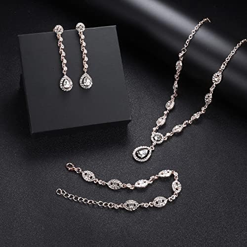 JeweBella Wedding Bridal Jewellery Set for Women Crystal Teardrop Statement Necklace Earrings Bracelet Set Gifts Wedding Engagement Bridesmaid Costume Dress Prom Jewelry Sets Blue/Silver/Red/Rose Gold