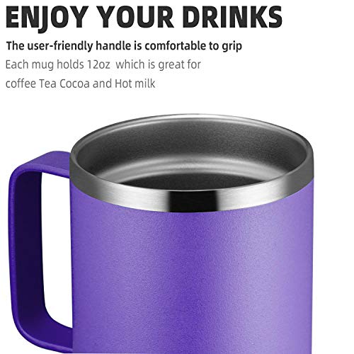 Meway 12Oz Coffee Mug With Handle And Sliding Lid,Stainless Steel Travel Tumbler Cup With Handle,Double Wall Vacuum Insulated Camping Cup For Hot & Cold Drinks Tea (Purple,Set Of 1) #TOP2