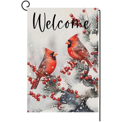 Welcome Winter Garden Flag 12x18 Inch Double Sided Cardinal Bird Berry Small Christmas Flag, Winter Christmas Rustic Yard Outside Decoration Cover