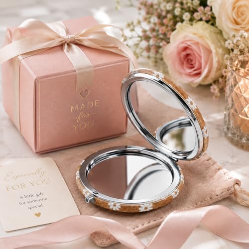Image of Floral Cork Compact Mirror for Women | Portable Pocket Makeup Mirror with Dual Mirror | Travel Friendly Folding Vanity Mirror for Purse & Handbag