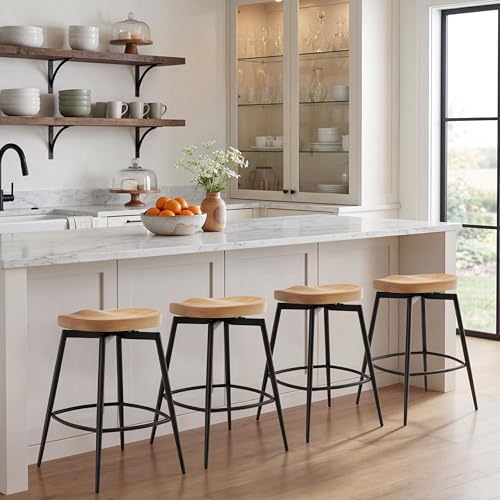 Image of 25 inch Swivel Backless Saddle Bar Stools Set of 4, Unstained Raw Wood | Solid Wood Saddle Seat with Metal Legs, Footrests and Non-Marking Feet for Kitchen Island