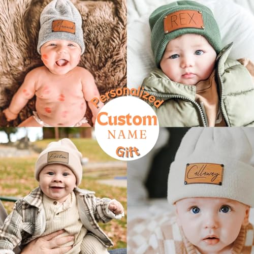 Personalized Baby Beanies, Custom Toddler Leather Patch Knit Hats with Name Infant Beanie Hat Newborn Winter Hats2