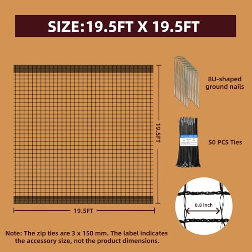Image of Heavy Duty Bird Netting for Chicken Coop, 19.5 x 19.5 ft 0.8 inchMesh HDPE Chicken Netting for Hawks with Reinforced Edges, Durable & Reusable Poultry Netting for Garden Raised Beds & Fruit Trees