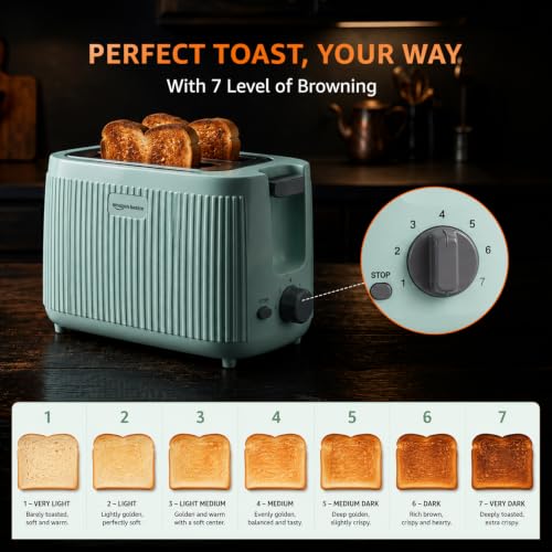 Image of Amazon Basics Pop-Up Toaster 2 Slice 600W | 7 Browning Levels | Auto Pop-Up & Auto Shut-Off | Mid-Cycle Cancel Function | Cool-Touch Housing | Dust Cover | Green | BIS Certified