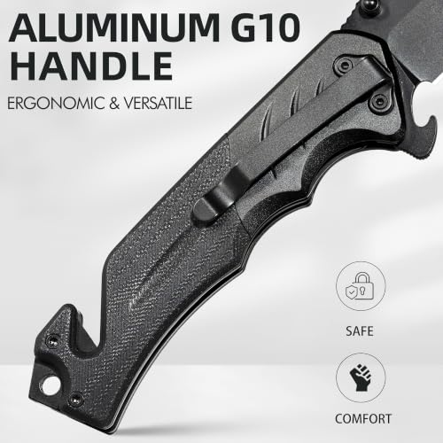 Image of NedFoss FA49 Black Tactical Pocket Knife, 4-in-1, 3.4 inch 8Cr14Mov Steel | Upgraded, Preciser, Lightweight Aluminum Bolster G10, Glass Breaker Seatbelt Cutter, Bottle Opener, for Camping Survival Work