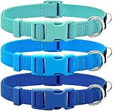 Picture of azuza 3 Pack Dog Collars Comfortable and Adjustable Nylon Dog Collars for Puppy Small Dogs, XS (8-12inch)，Green, Blue and Royal Blue