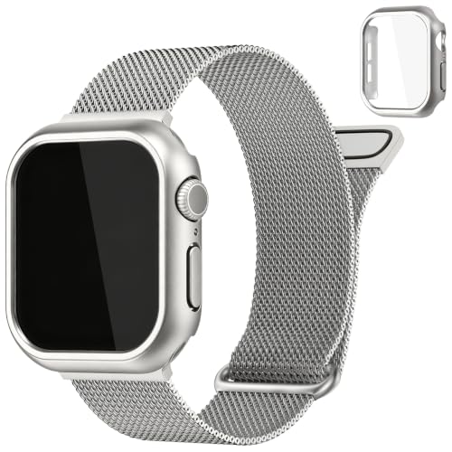 wutwuk Metall Uhrenarmbänder Magnetisch und Gehäuse Kompatibel mit Apple Watch Armband 40mm Damen Herren, Milanese Edelstahl Armband mit Displayschutzfolie für...