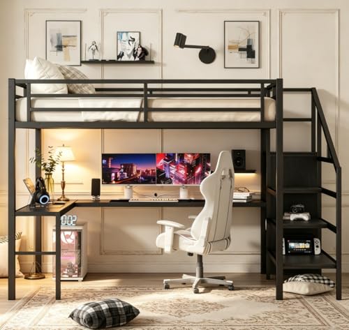 Image of Bellemave Queen loft Bed with Storage Stairs, Wardrobe, Shelves, Metal Queen Size Loft Bed Frame for Adults, Kids, Teens, Black with Black Woodgrain