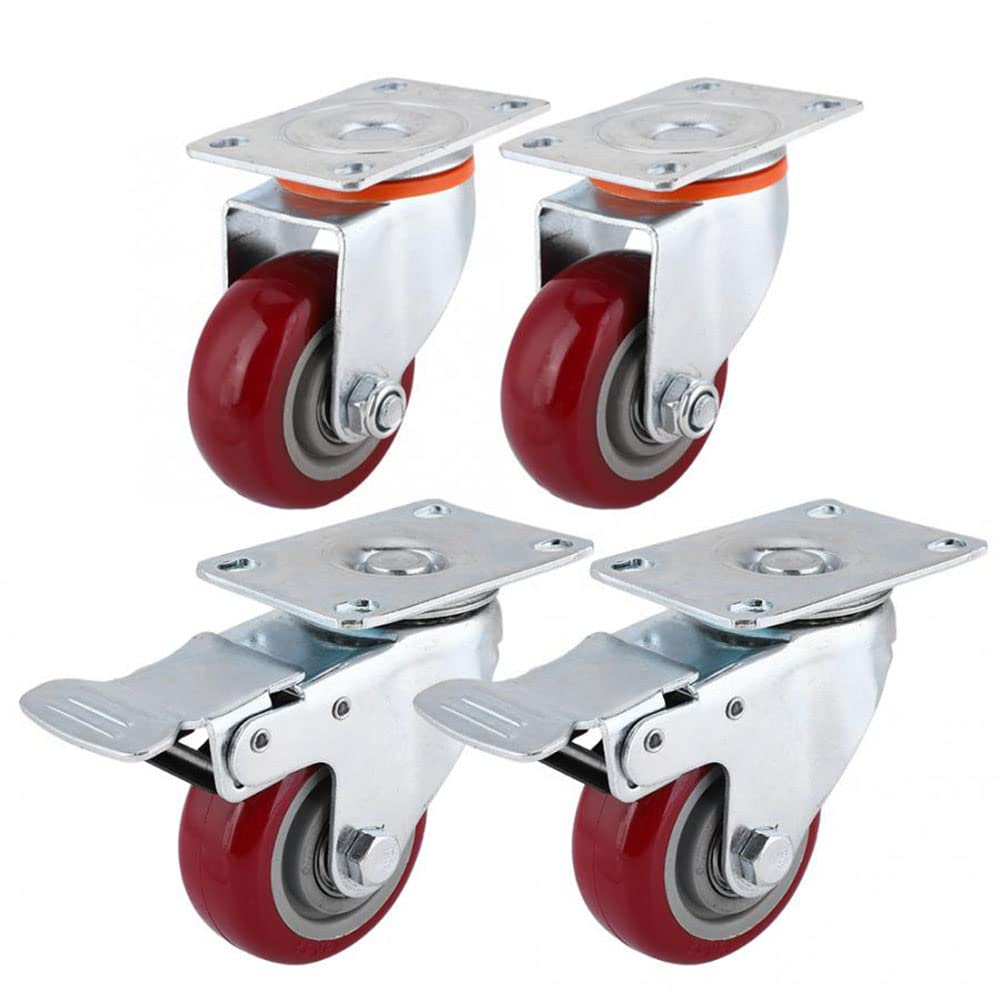 Lot de 4 roulettes robustes 75 mm M12 x 30 mm jusqu'à 90 kg avec frein et tige filetée sans traces de sol silencieuses pour meubles 4 roulettes plates pivotantes (avec frein)