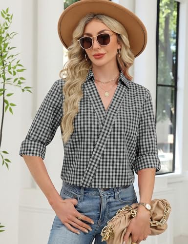 Image of LOMON 3 /4 Length Sleeve Womens Tops Dressy V Neck Collared Shirts Trendy Business Casual Work Blouses Vacation Outfits 2026