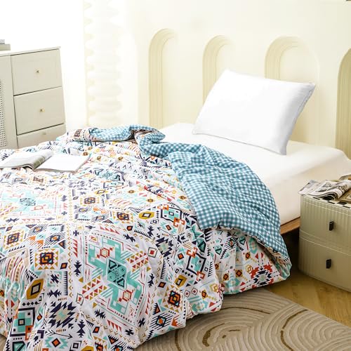 Image of Ac Comforter Single Bed Boho with Satin Finish 240 GSM - Reversible AC Comforter -White & Blue, Aztec /Bohemian Comforter Quilt Duvet Dohar Blanket for Summer150 X 225cm