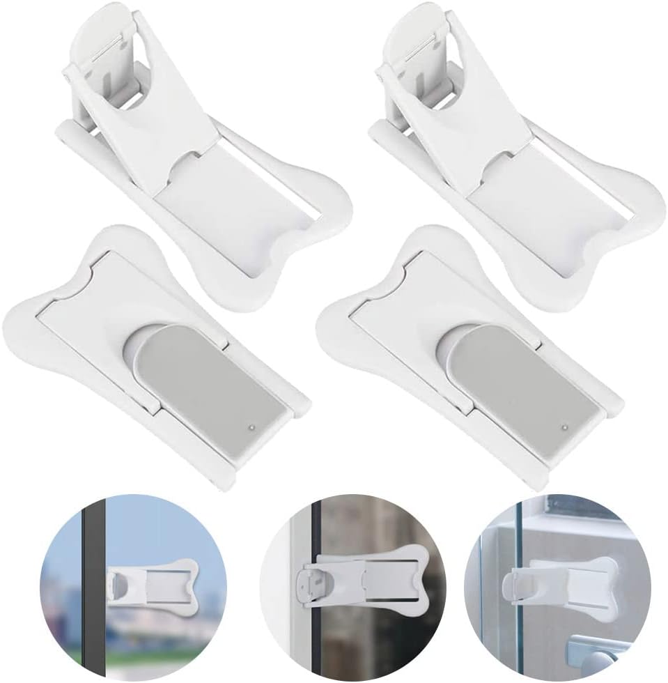 4 PCS Sliding Door Locks for Baby Proofing, Keyless Child Safety Locks 3M Strong Adhesive Sliding Door Child Lock for Stop Baby and Pets Opening Sliding Door Patio Closet Shower Shutter, White