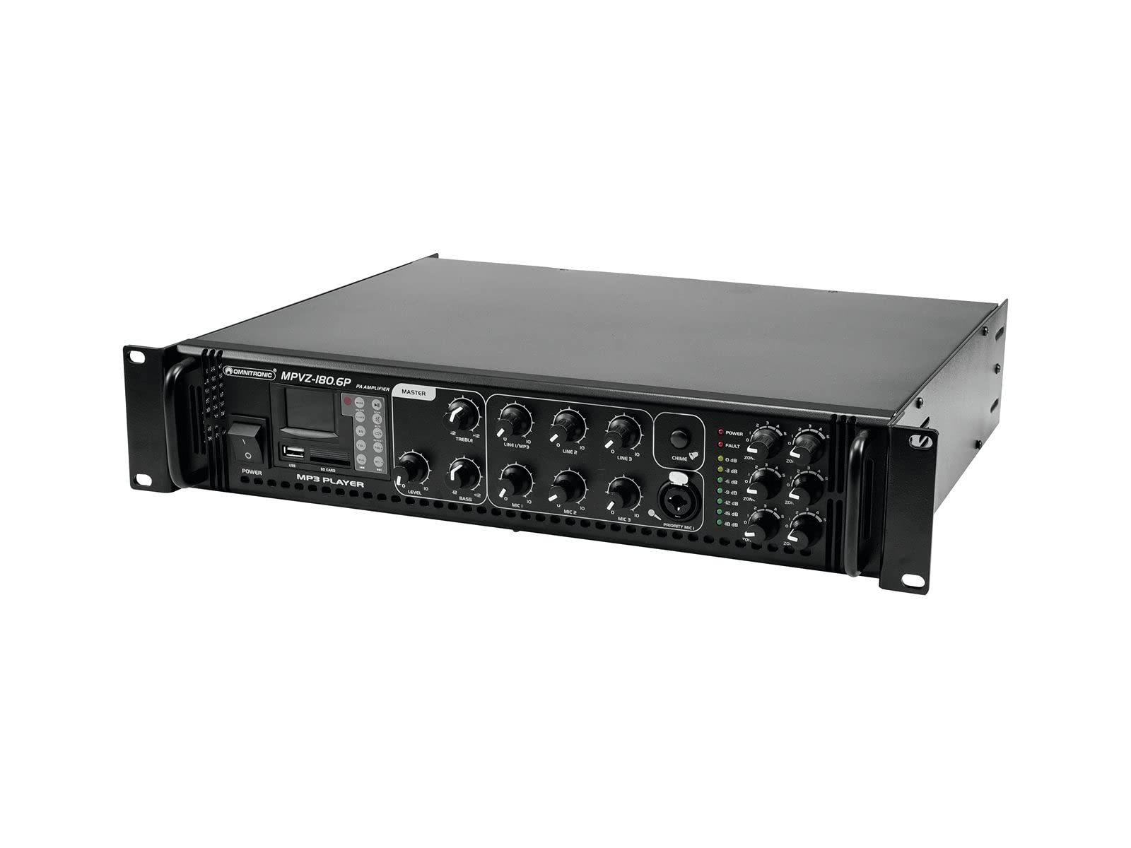 OMNITRONIC MPVZ-180.6P Mischverstärker | 6-Zonen-ELA-Mono-Mischverstärker, MP3-Player & IR-FB, Zonen regelbar, 180 W