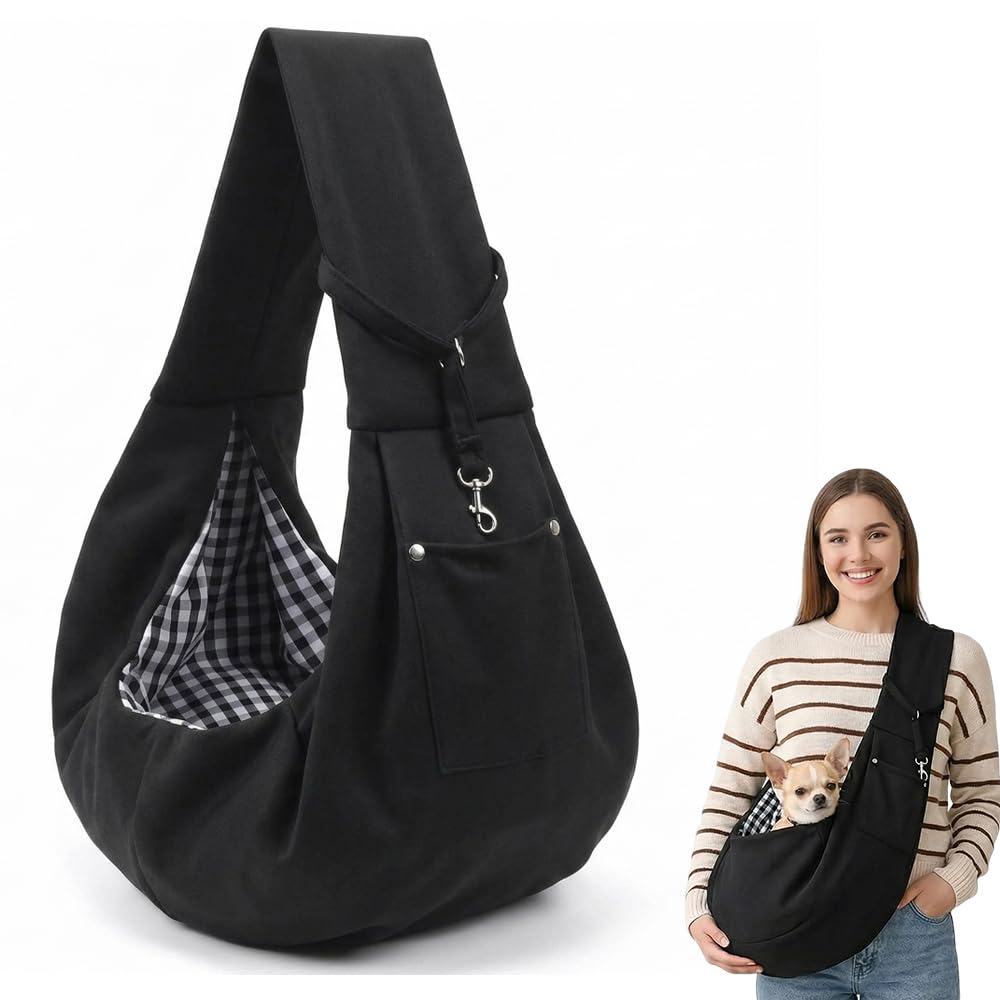 Black Pet Sling Carrier Crossbody Bag for Small Dogs & Cats, Hands-Free Puppy Shoulder Pouch with Safety Tether & Pocket, Ideal for Vet Visits, Travel & Daily Walks (Black)