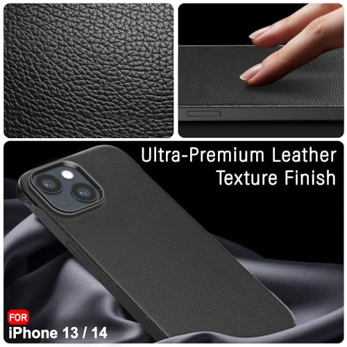 Image of TheGiftKart Hybrid Ultimate Slim Back Case Cover for iPhone 13 / iPhone 14 | Lightweight Profile | Hard Back Case Cover for iPhone 13 /14 (PC & TPU, Metal Camera Ring, Leather Texture Finish, Black)