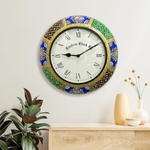 Image of RANDOM Brass Sweep Silent Wall Clock, Embossed Design, Round, 30x30 cm, Multicolour for Home Office (Rajasthani Embossed Design)